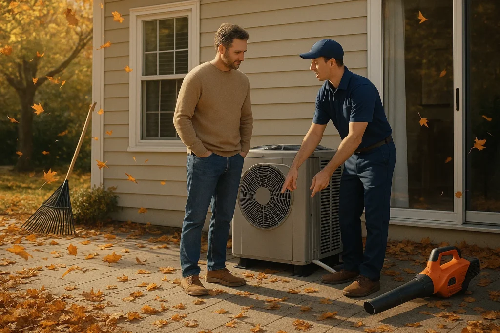 Homeowner and technician preparing HVAC unit for fall weather in Pennsylvania backyard