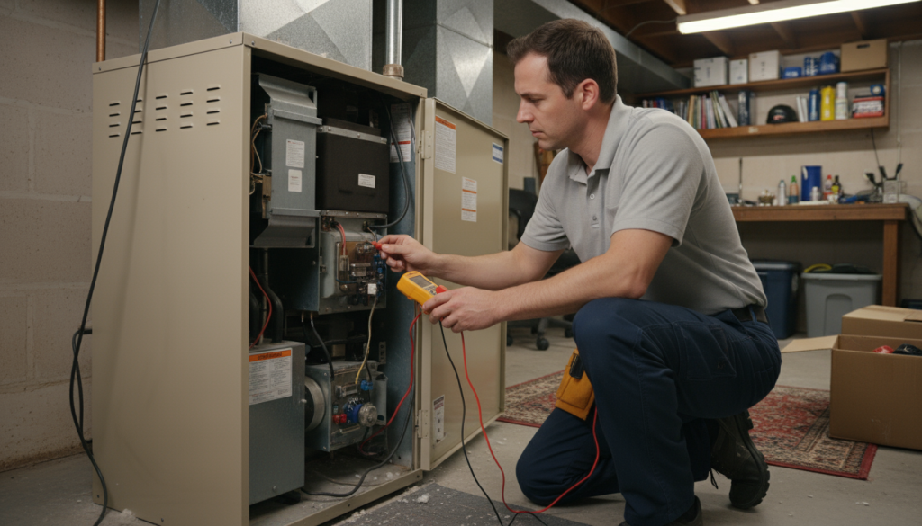 Technician inspecting furnace ignition system in response to cold air problem