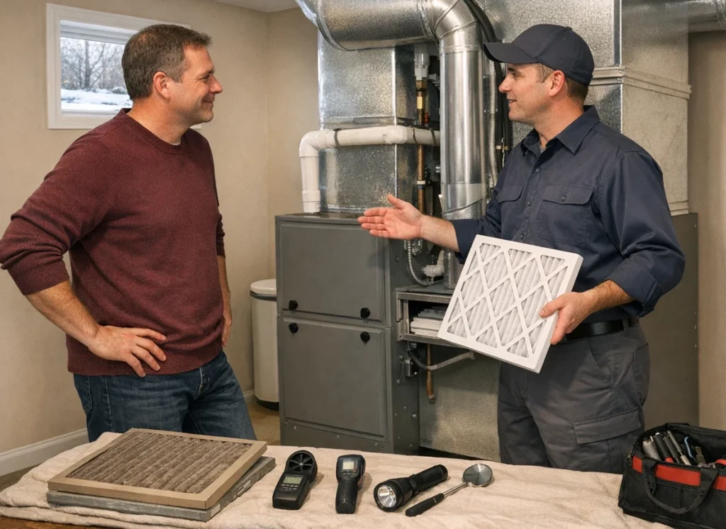 Homeowner and HVAC technician changing furnace filter and improving airflow for efficiency in Malvern PA