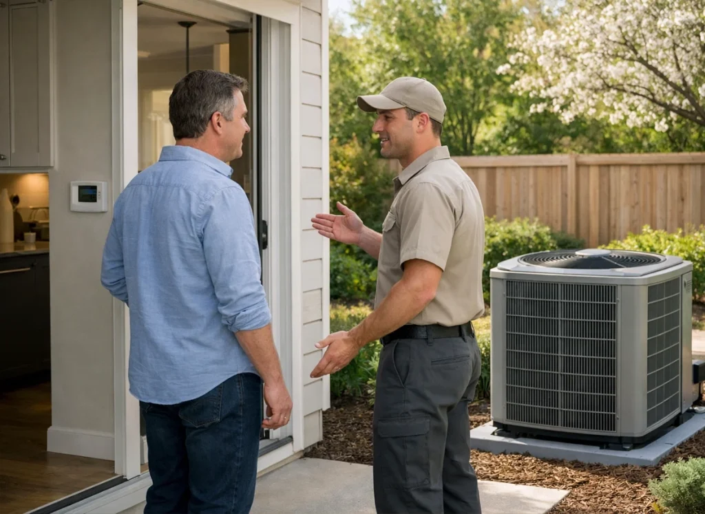 Homeowner reviewing spring AC preparation with HVAC technician