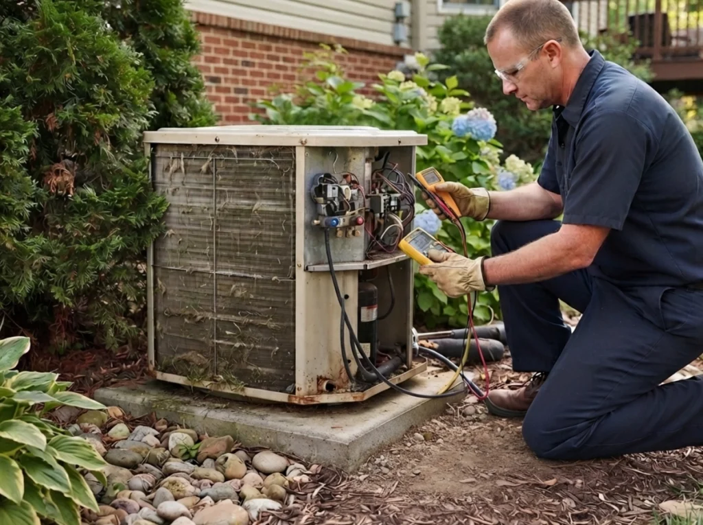 HVAC technician testing a weak capacitor before a Pennsylvania heat wave