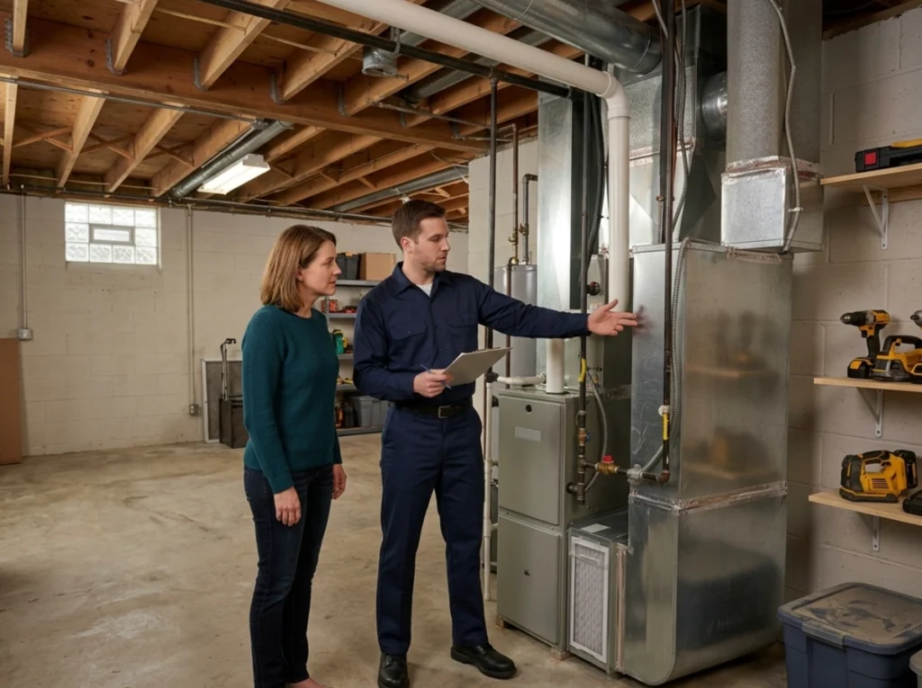 Malvern homeowner discussing pre-season heating tune-up with HVAC technician